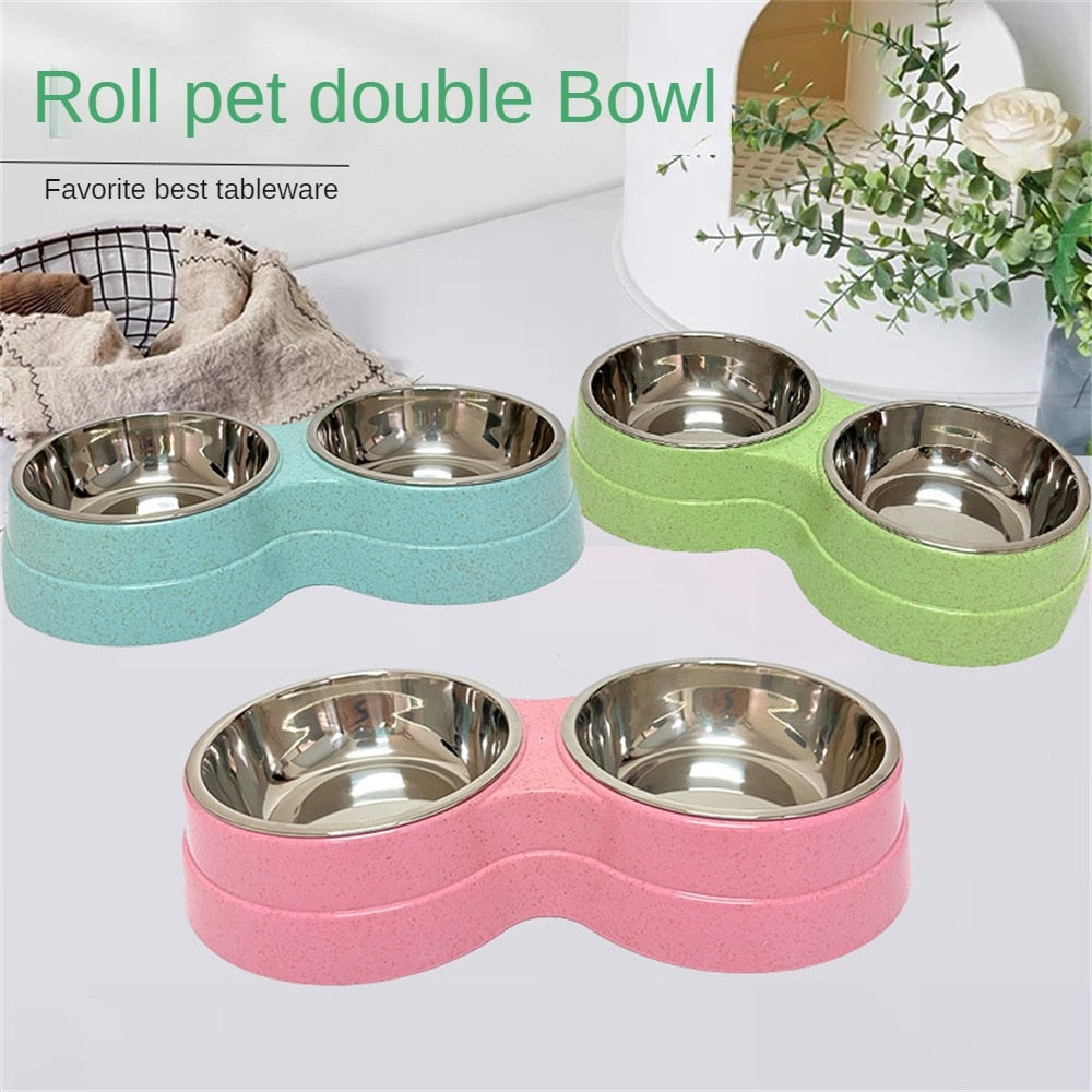 Double Pet Bowls Food Water Feeder With Stainless Steel Healthy Sanitary Small Size For Puppy Cat