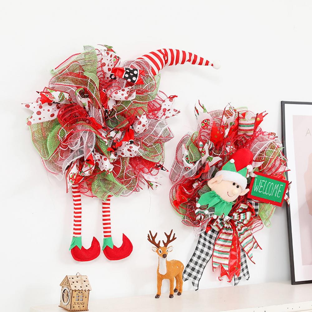 Welcome Wreath  Christmas Elements Cartoon Design Plastic  Xmas Cute Elf Wreath with Dual Long Legs Decoration for Home